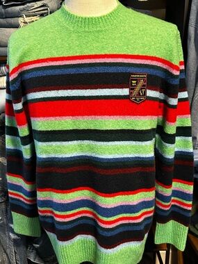 Green Multicolor Striped Crewneck Sweater with Crest